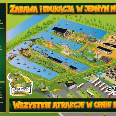 Mapa wesołego miasteczka Łeba Park z atrakcjami dla całej rodziny, w tym zjeżdżalniami, parkiem linowym i placami zabaw.