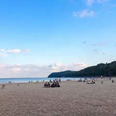 Ludzie odpoczywają na piaszczystej plaży miejskiej Gdynia, w tle las i błękitne niebo.