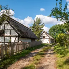 Tradycyjne chaty z drewnianą konstrukcją i strzechą, otoczone zielenią. Wspaniałe kluki atrakcje dla miłośników historii.