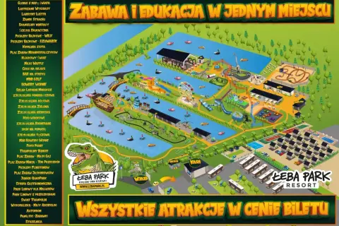 Mapa wesołego miasteczka Łeba Park z atrakcjami dla całej rodziny, w tym zjeżdżalniami, parkiem linowym i placami zabaw.