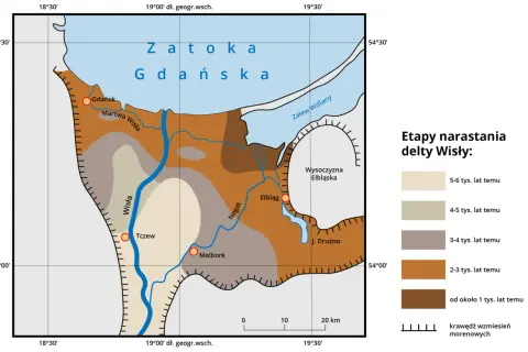 Mapa przedstawia etapy narastania delty Wisły, ukazując atrakcje Żuław Wiślanych i ich ewolucję na przestrzeni tysięcy lat.
