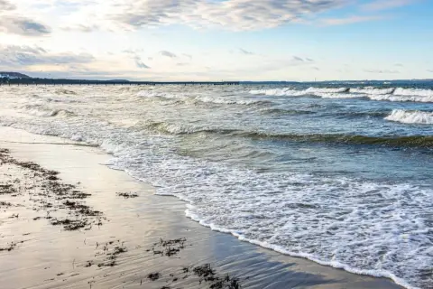 Plaża z falami i wodorostami, w oddali widać molo. To urokliwe kąpielisko w powiecie puckim zaprasza do spacerów.