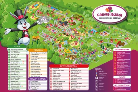 Mapa Farmy Iluzji, gdzie znajdziesz atrakcje, gastronomię i pamiątki. Idealne miejsce na rodzinne wycieczki, np. do papugarni Gdynia.