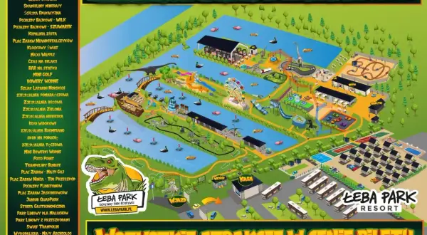 Mapa wesołego miasteczka Łeba Park z atrakcjami dla całej rodziny, w tym zjeżdżalniami, parkiem linowym i placami zabaw.