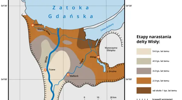 Mapa przedstawia etapy narastania delty Wisły, ukazując atrakcje Żuław Wiślanych i ich ewolucję na przestrzeni tysięcy lat.