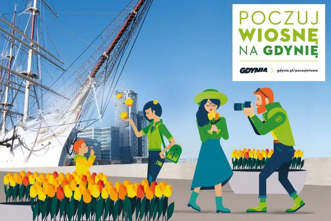 Wiosenne Gdynia atrakcje dla dorosłych: ludzie podziwiają żaglowiec i kwiaty, robią zdjęcia.