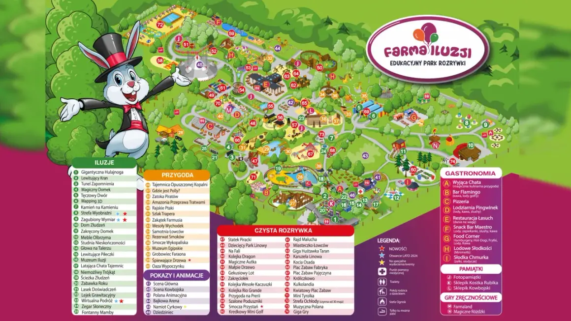Mapa Farmy Iluzji, gdzie znajdziesz atrakcje, gastronomię i pamiątki. Idealne miejsce na rodzinne wycieczki, np. do papugarni Gdynia.