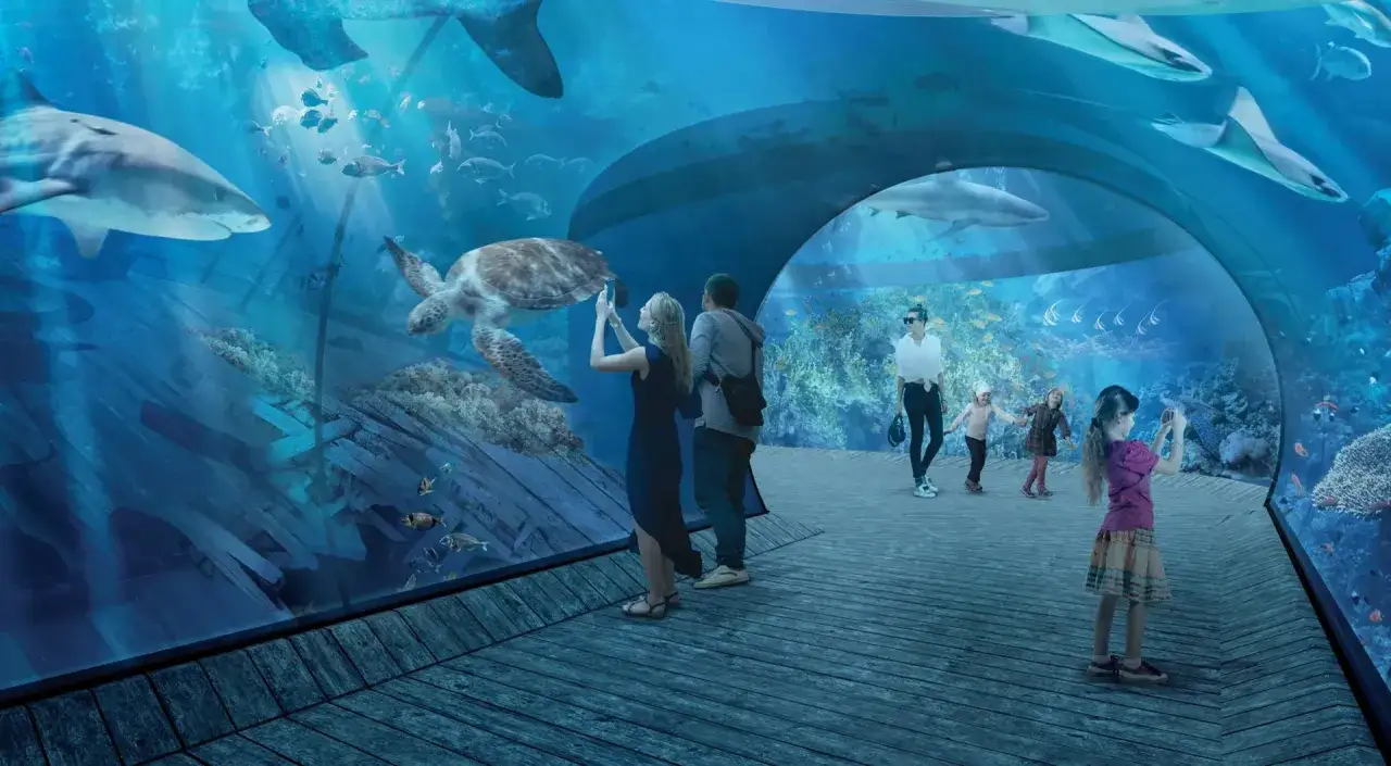 Rodzina podziwia rekiny i żółwia w tunelu oceanarium Sopot. Dzieci z fascynacją obserwują podwodny świat.