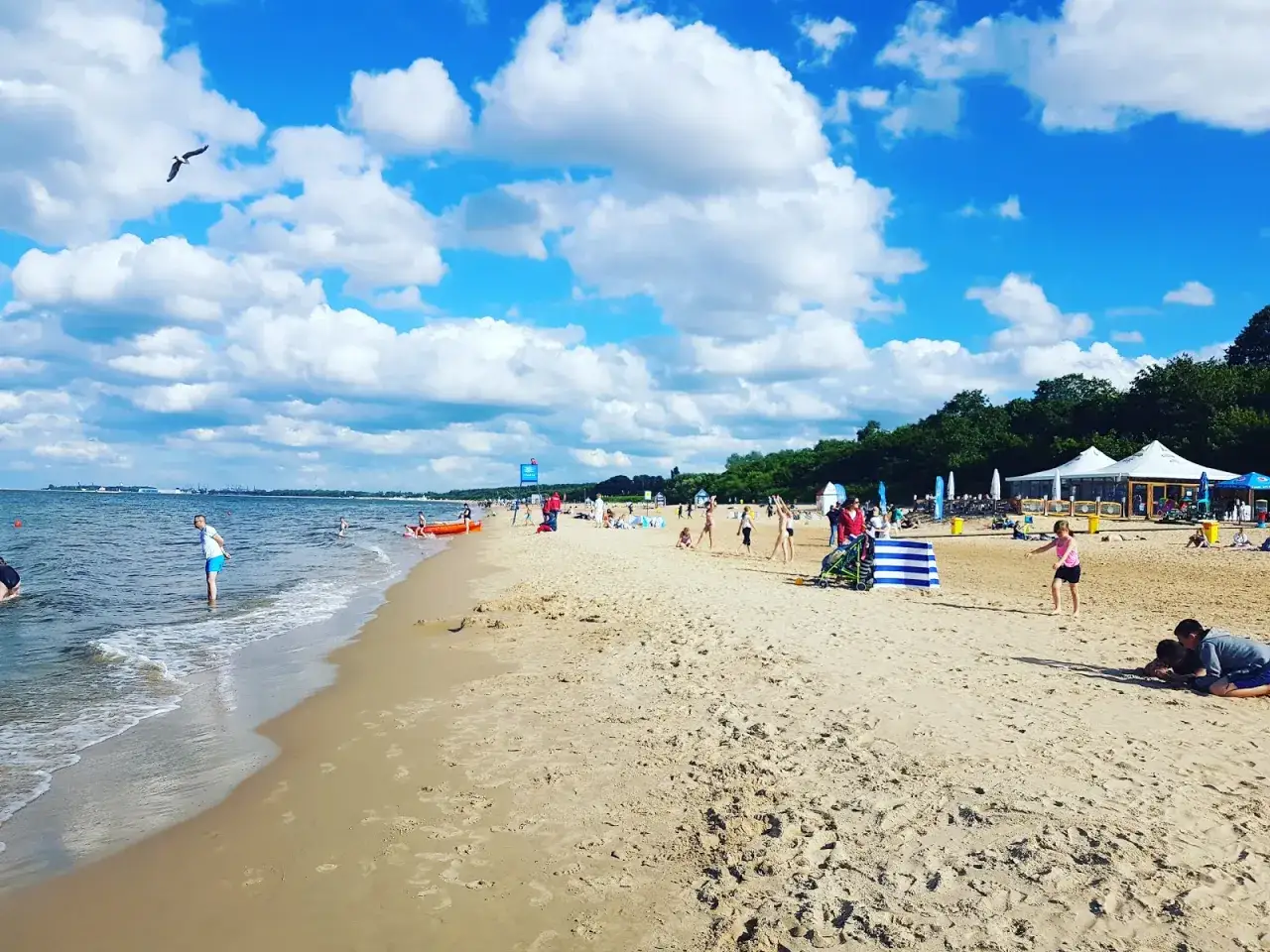 Słoneczna plaża Jelitkowo tętni życiem. Ludzie kąpią się, opalają i bawią na piasku pod błękitnym niebem z białymi chmurami.