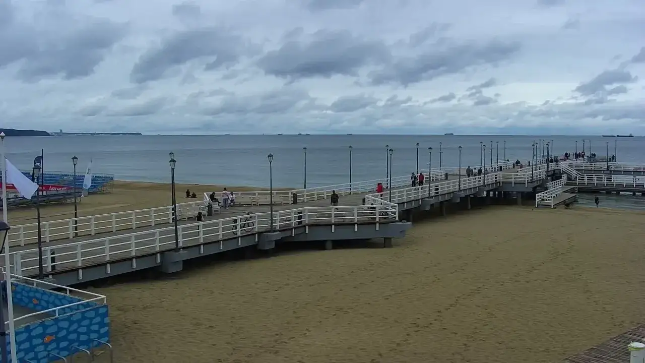 Spacer po molo na plaży Brzeźno. Ludzie spacerują, podziwiają morze i statki na horyzoncie.