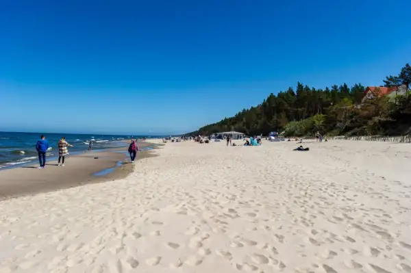 Słoneczna plaża w Sztutowie, z ludźmi spacerującymi brzegiem morza. W tle las i zabudowania, przypominające o bliskości aquaparku Sztutowo.
