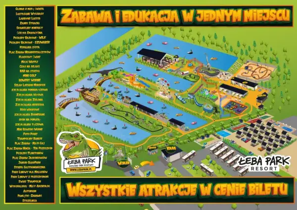 Mapa wesołego miasteczka Łeba Park z atrakcjami dla całej rodziny, w tym zjeżdżalniami, parkiem linowym i placami zabaw.
