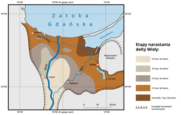 Mapa przedstawia etapy narastania delty Wisły, ukazując atrakcje Żuław Wiślanych i ich ewolucję na przestrzeni tysięcy lat.
