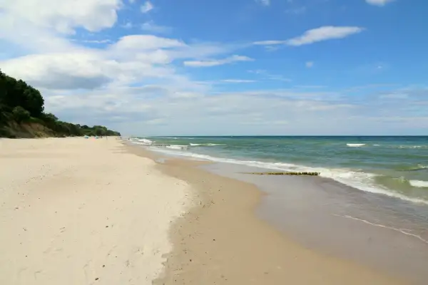 Szeroka, piaszczysta plaża w Gąskach, z zielonym lasem na klifie i spokojnym morzem.